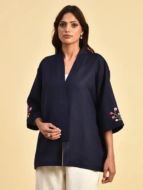 Free style Navy Blue Hand embroidered  Kimono Linen Jacket