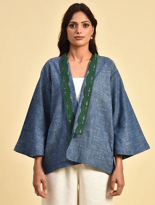 Free style Blue Hand embroidered Kimono Cotton Ikat Jacket